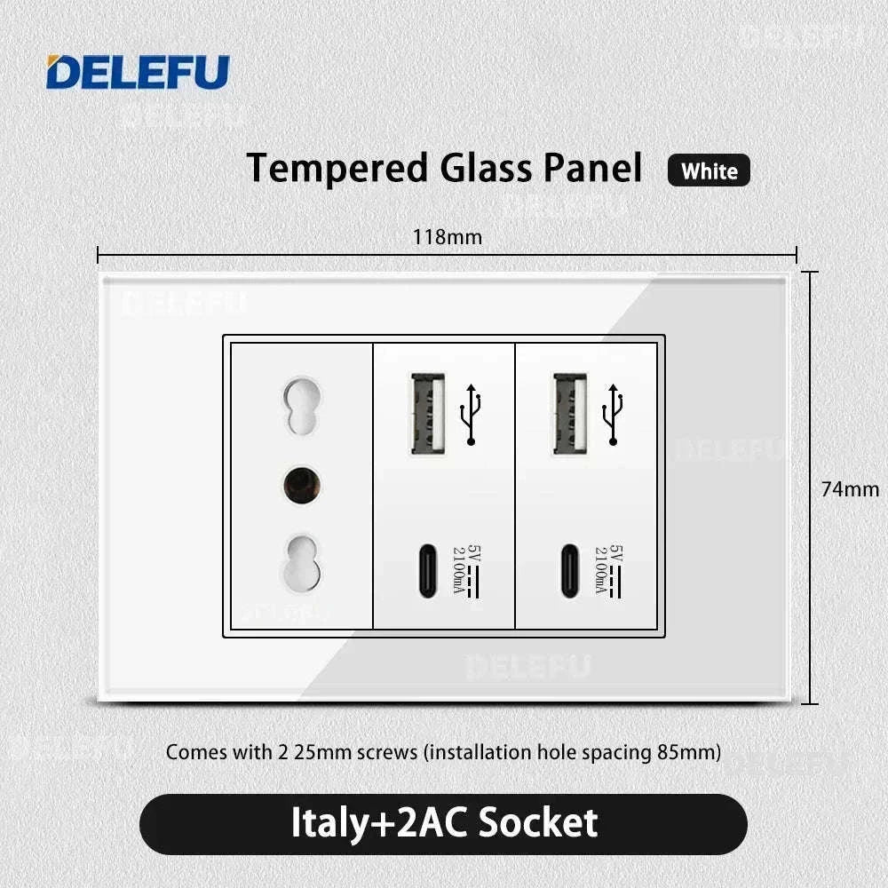 Tempered Glass Tuya WiFi Smart Wall Socket with USB-C Charging-Glass White / 2 Italy AC