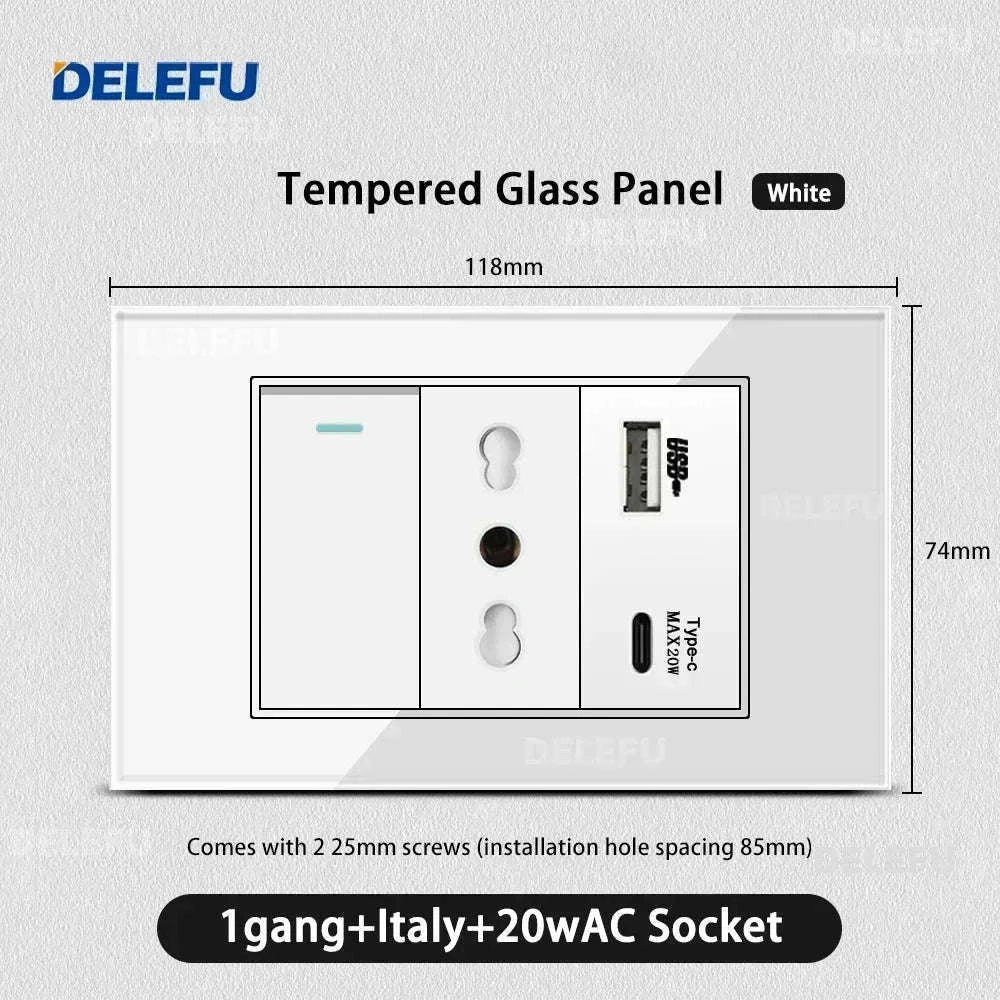 Tempered Glass Tuya WiFi Smart Wall Socket with USB-C Charging-Glass White / 2 Italy AC
