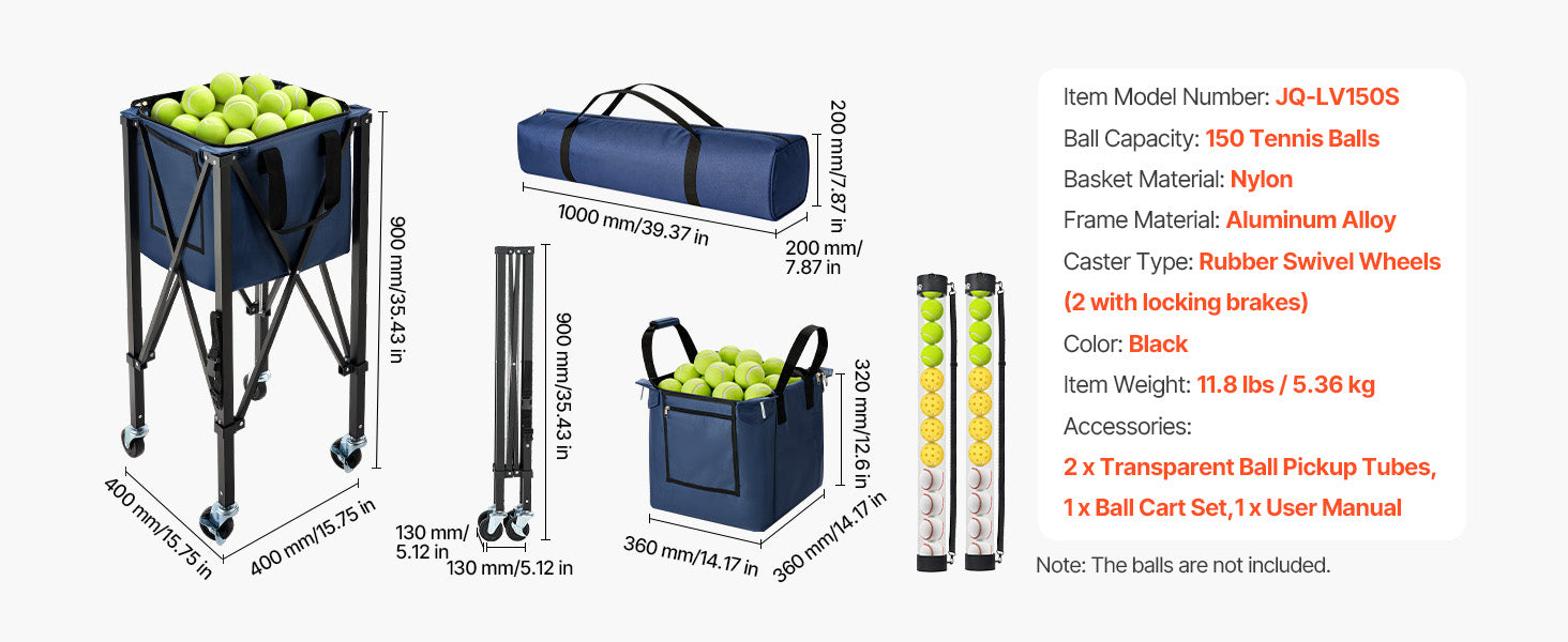 SucceBuy 2-in-1 150 Tennis Balls & 260 Pickleballs Hopper Holds with Pickup Tube Foldable Pickleball Basket Cart for Training