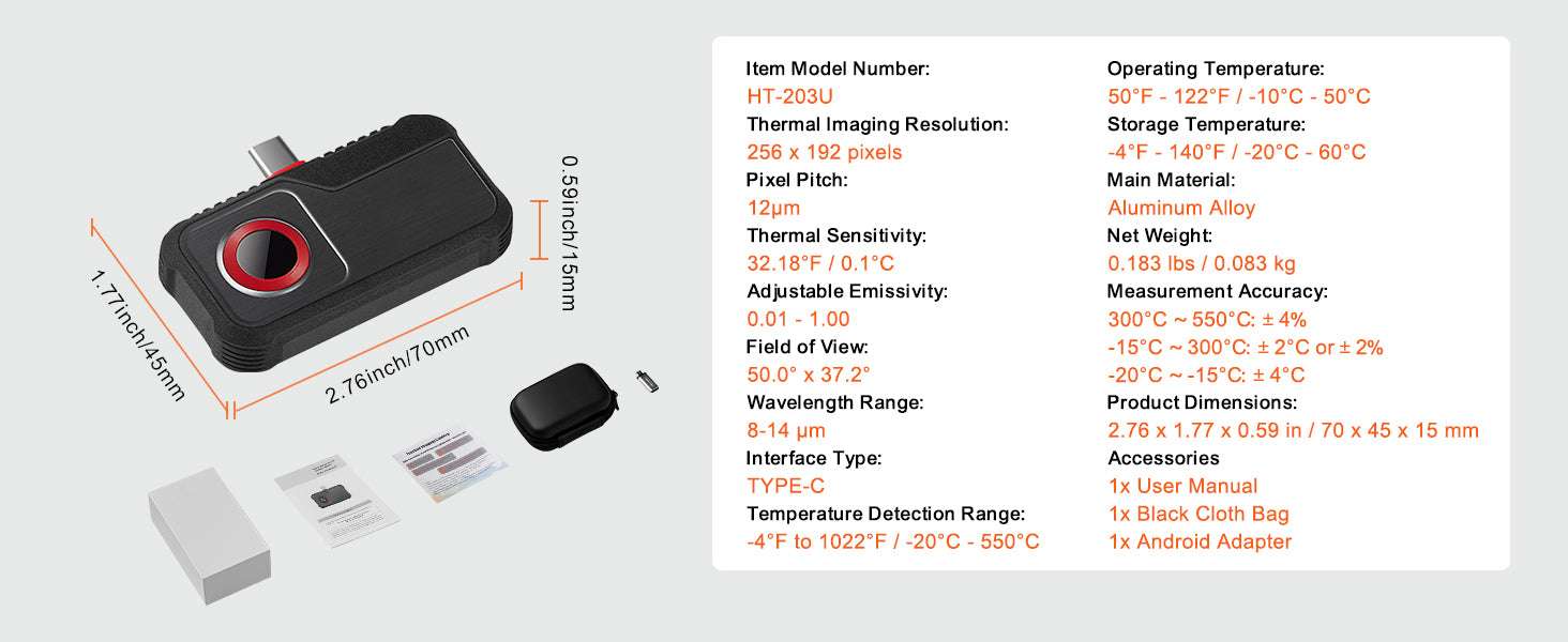 Thermal Imaging Camera 256×192 for Android with 25Hz Real-Time View-203U / United States