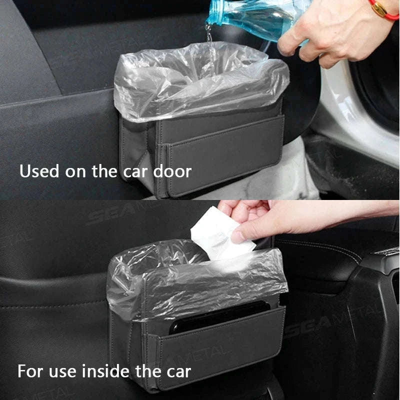Tiny Car Trash Can with Pocket, Waterproof PU Leather-Brown
