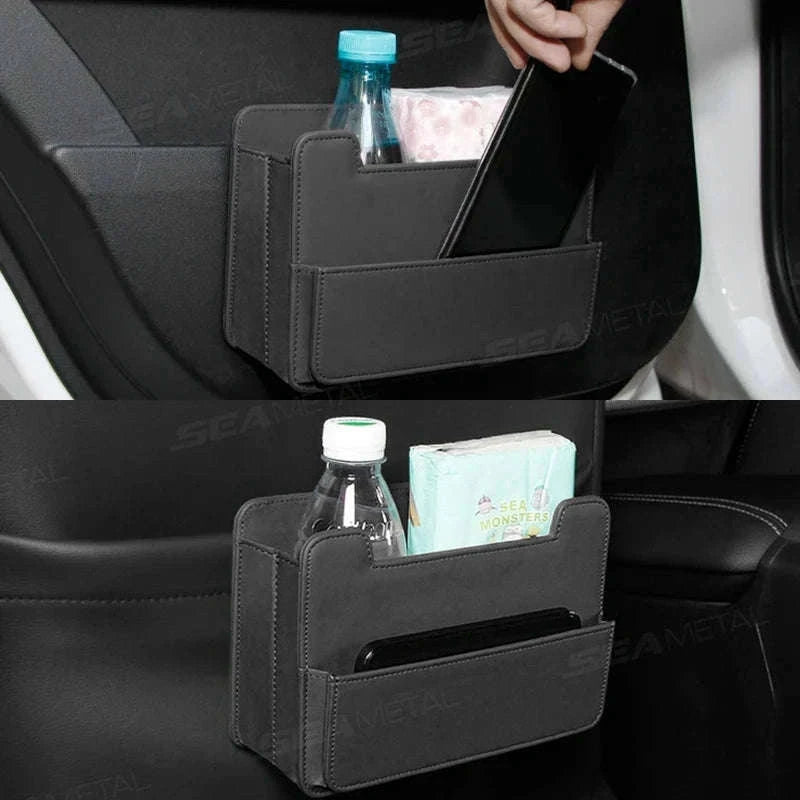 Tiny Car Trash Can with Pocket, Waterproof PU Leather-Brown