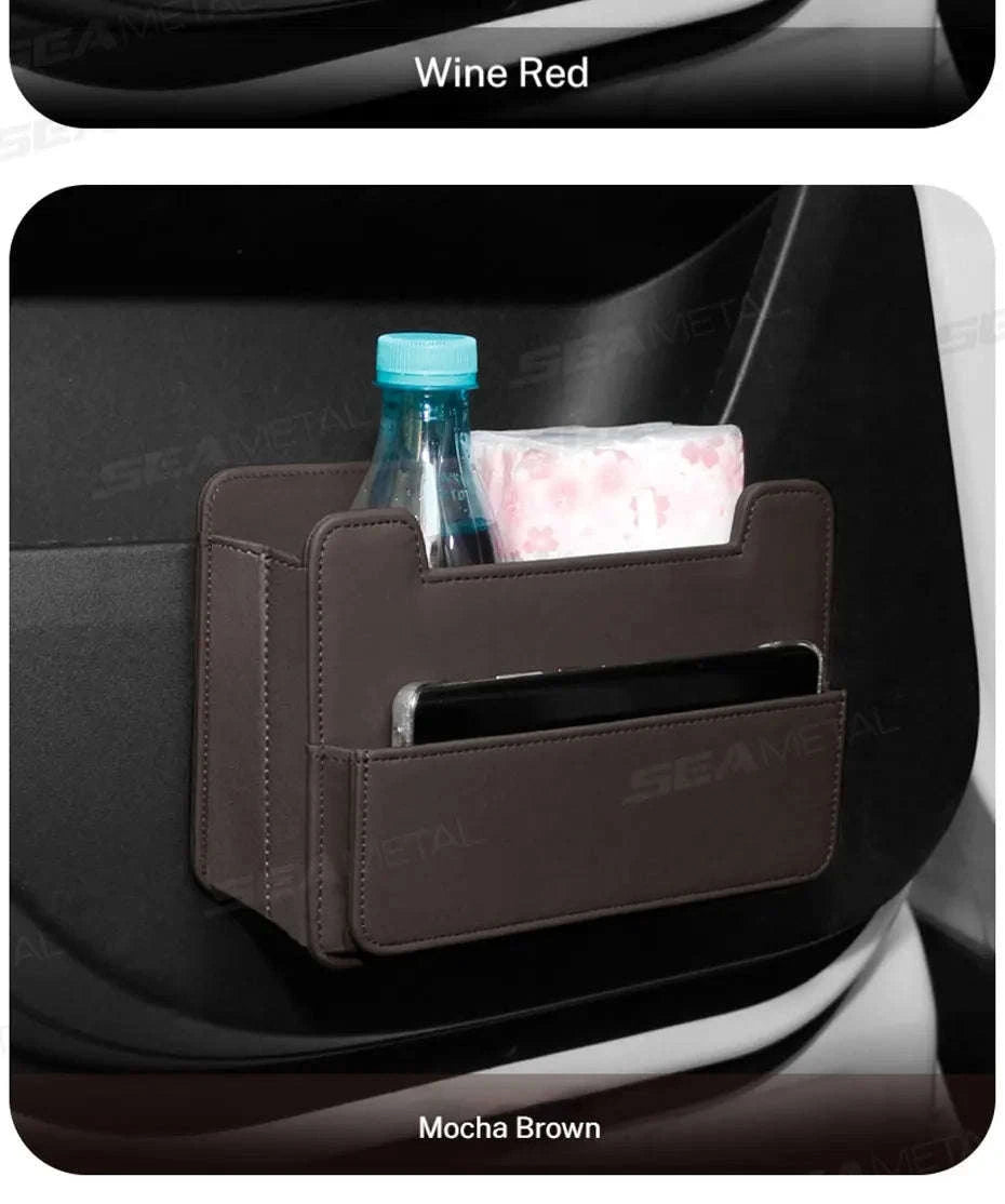 Tiny Car Trash Can with Pocket, Waterproof PU Leather-Brown