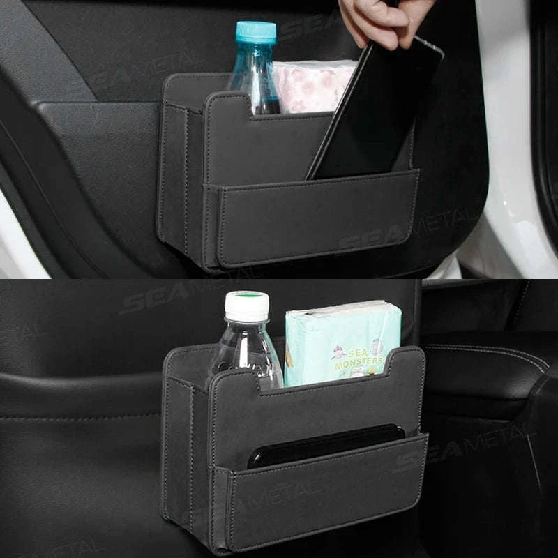 Tiny Car Trash Can with Pocket, Waterproof PU Leather-Brown