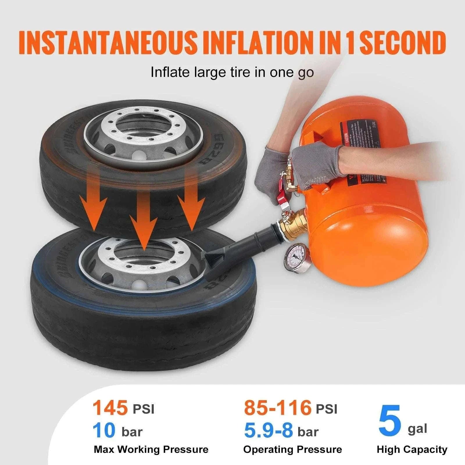 Tire Bead Blaster 145 PSI 5 Gallon Air Tank for Car, Truck & ATV-5 gal145Psi / spain