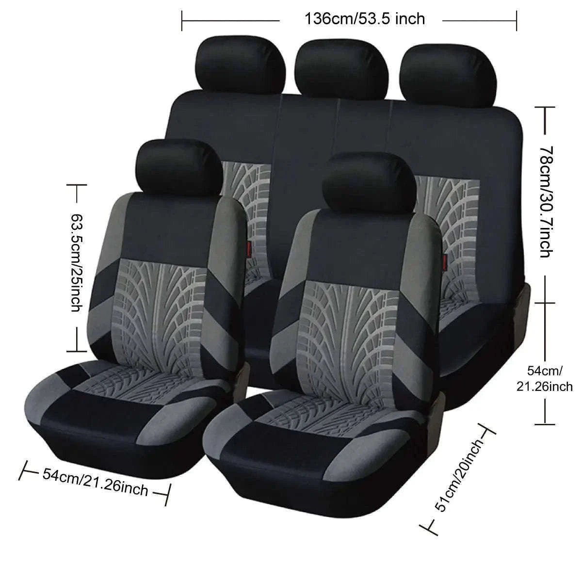 Tire Track Car Seat Covers Universal Airbag-Compatible Set-SN-1701-9PCS-GY