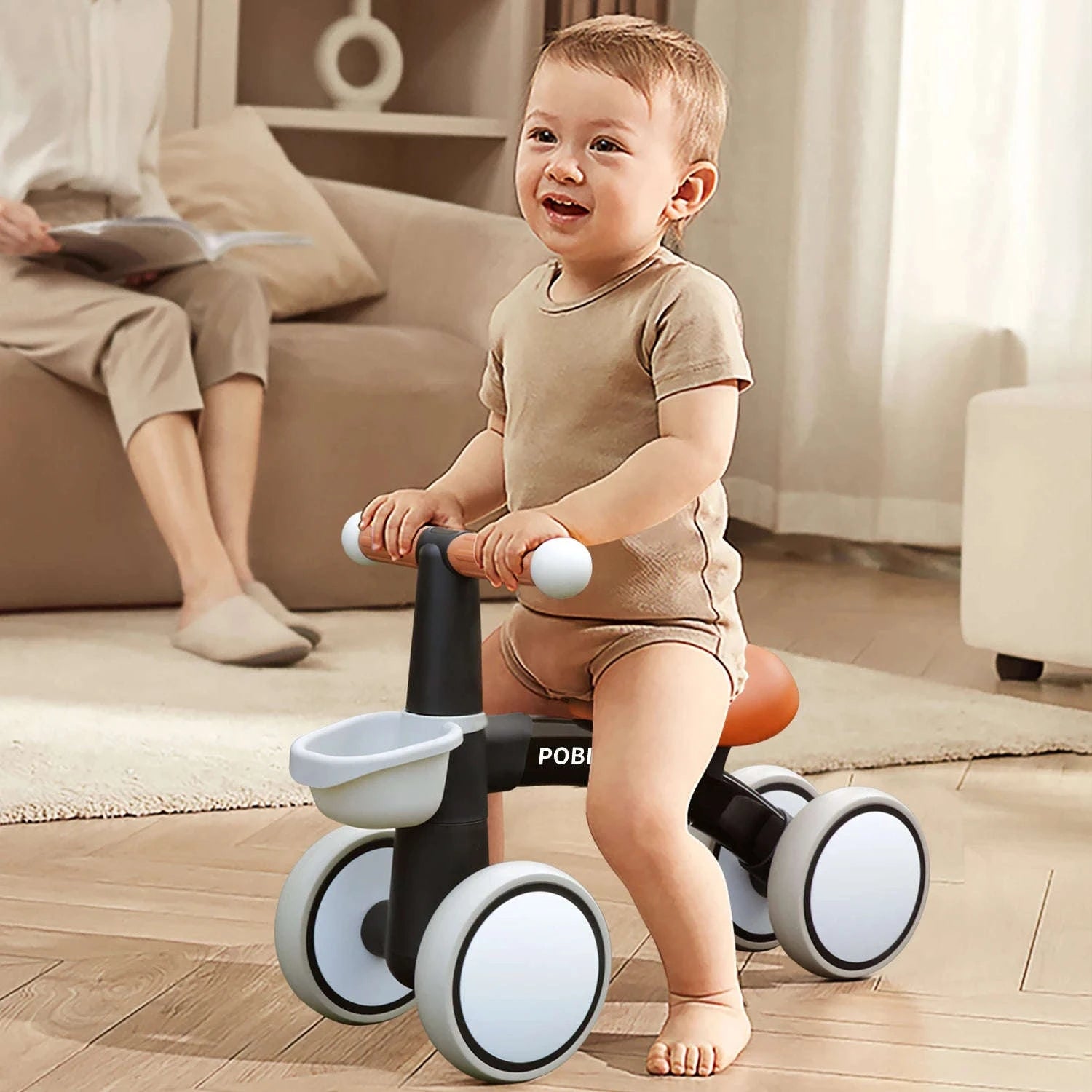Toddler Balance Bike Walker with 4 Wheels and Adjustable Seat-green / france