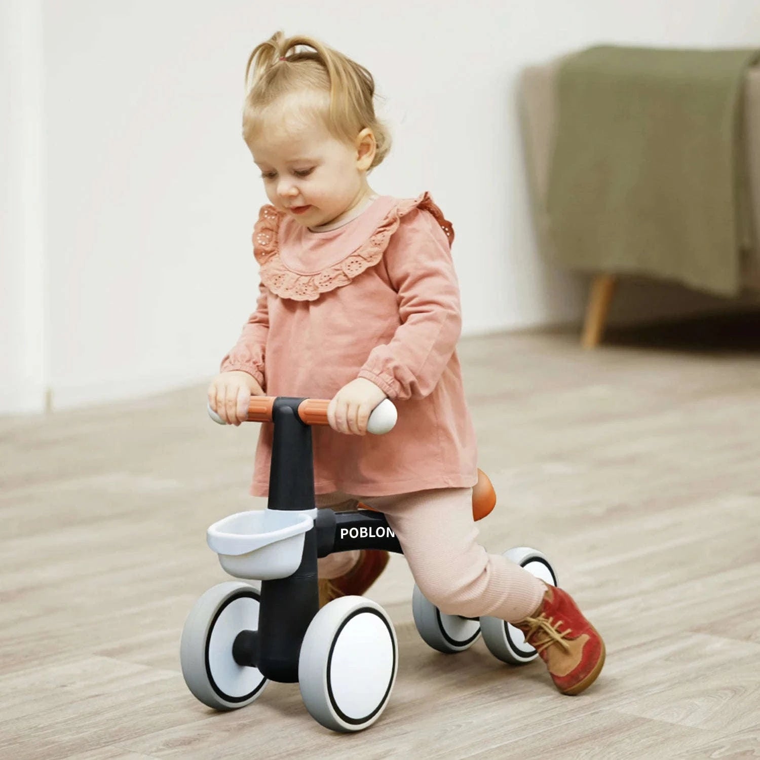 Toddler Balance Bike Walker with 4 Wheels and Adjustable Seat-green / france