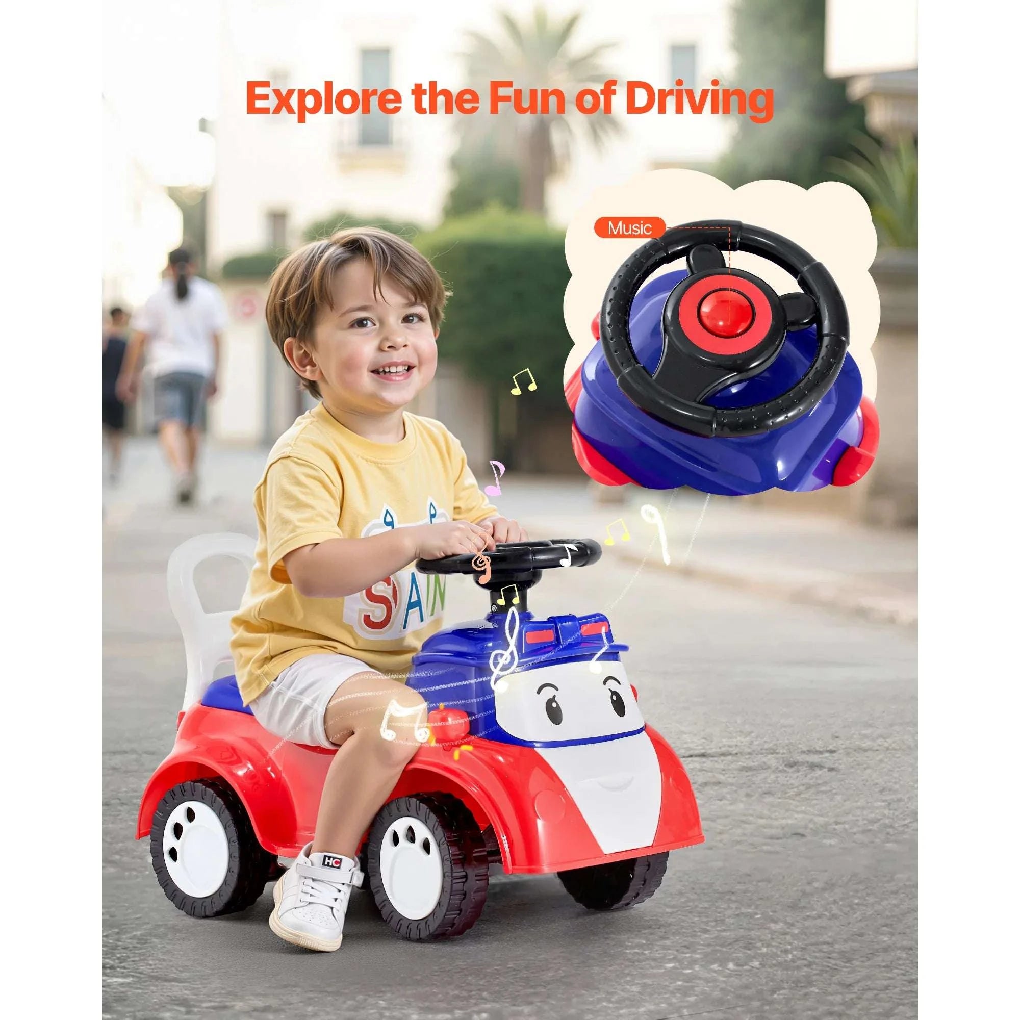 Toddler Ride-On Push Car with Music & Storage, 55 lb Capacity-Red / United States