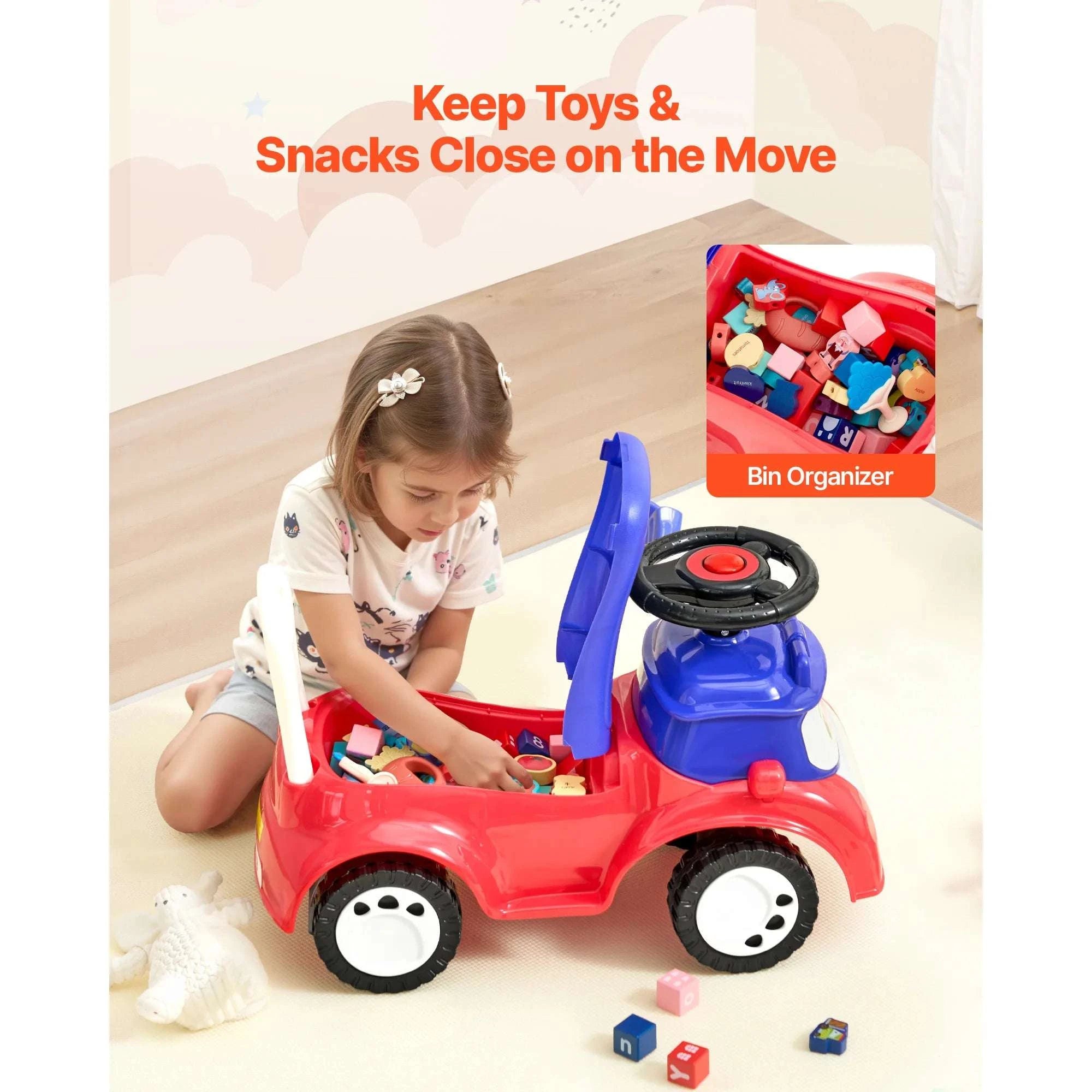 Toddler Ride-On Push Car with Music & Storage, 55 lb Capacity-Red / United States