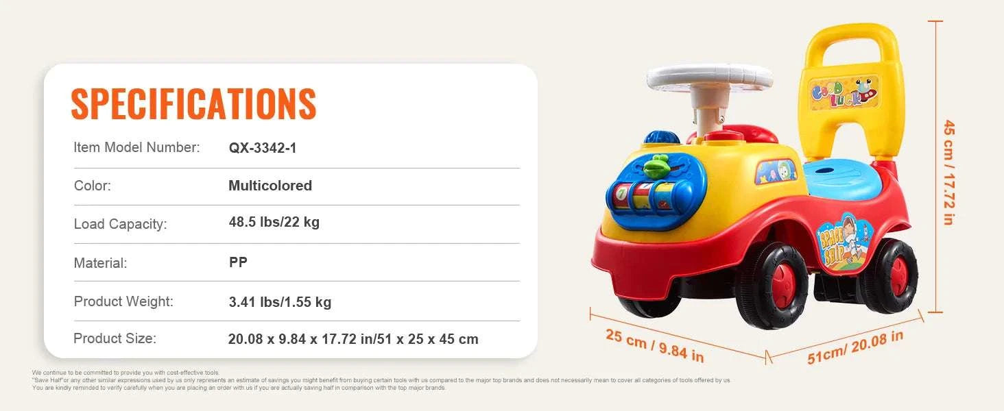 Toddler Ride On Push Car with Music, Storage & Anti-Tip Design-Multicolor / United States