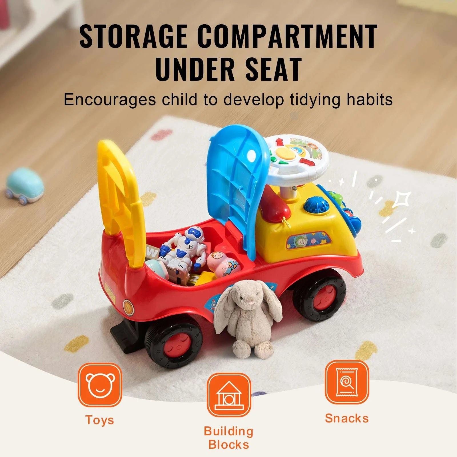 Toddler Ride On Push Car with Music, Storage & Anti-Tip Design-Multicolor / United States