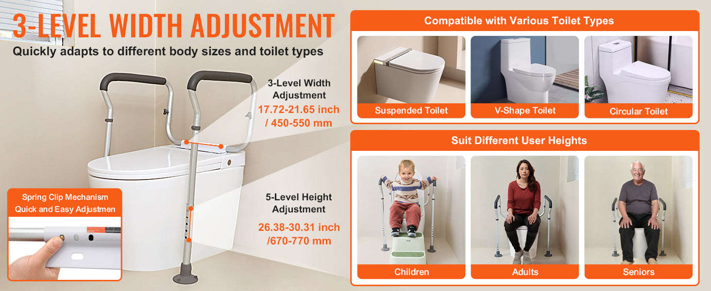 Toilet Safety Rail Adjustable Width and Height Supports 300 lbs-300pound / United States