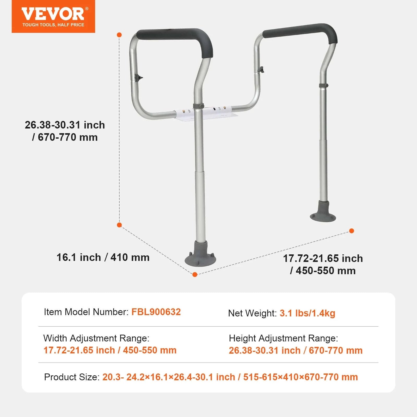 Toilet Safety Rail Adjustable Width and Height Supports 300 lbs-300pound / United States