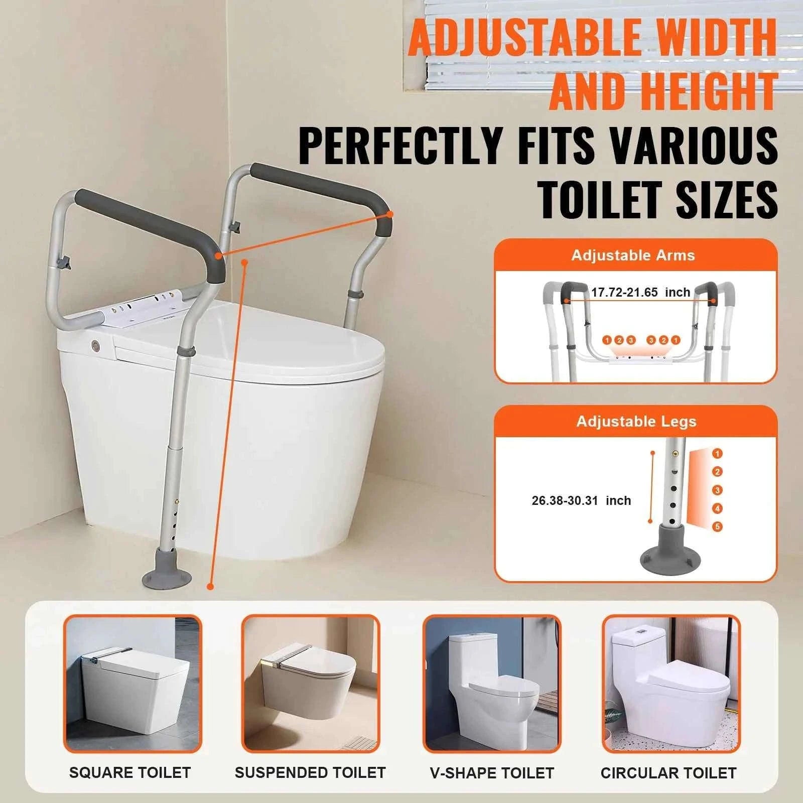 Toilet Safety Rail Adjustable Width and Height Supports 300 lbs-300pound / United States