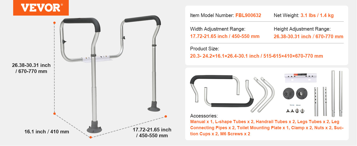 Toilet Safety Rail Adjustable Width and Height Supports 300 lbs