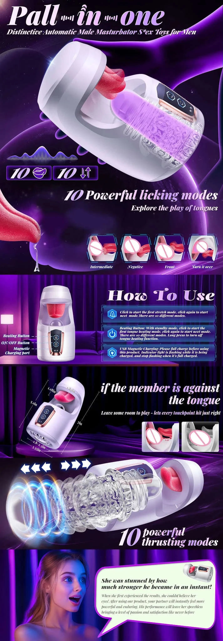 Tongue Licking Male Masturbator with Thrusting and Licking Modes-White / China Mainland