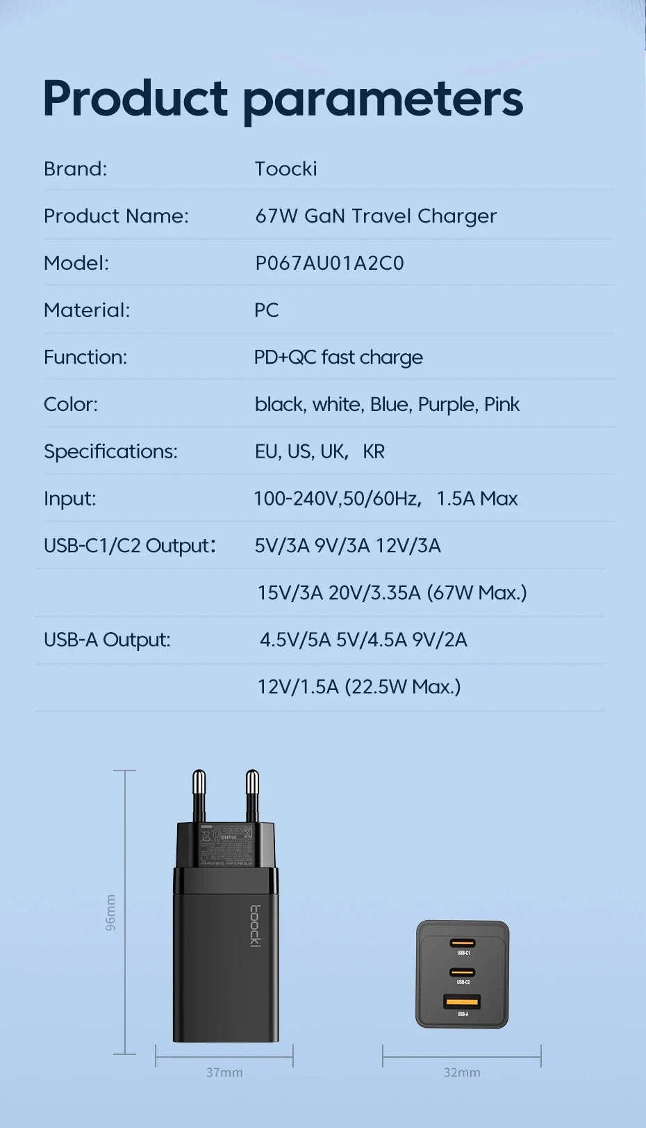 Toocki 67W GaN USB C Charger-EU Black