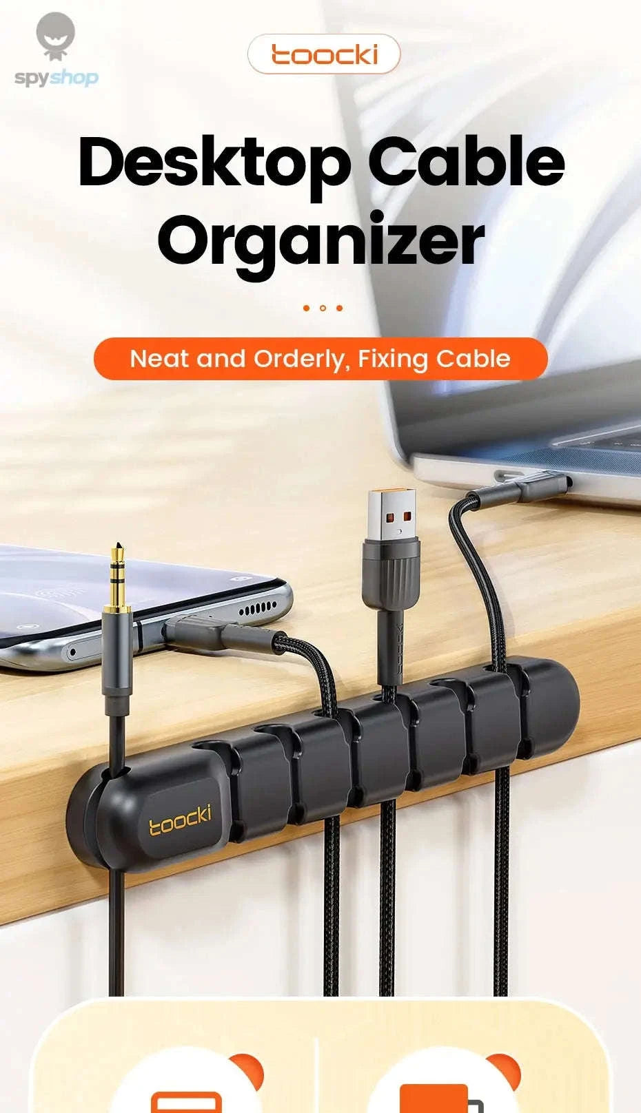 Toocki Silicone Cable Organizer – Flexible Multi‑Cable Winder for Desk & Home-7 Clips White