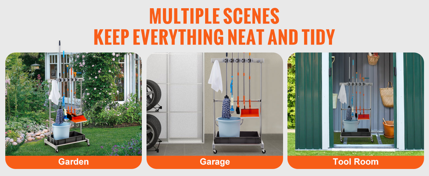 Garden Tool Organizer Rack with 10 Slots, Hooks & Rolling Wheels