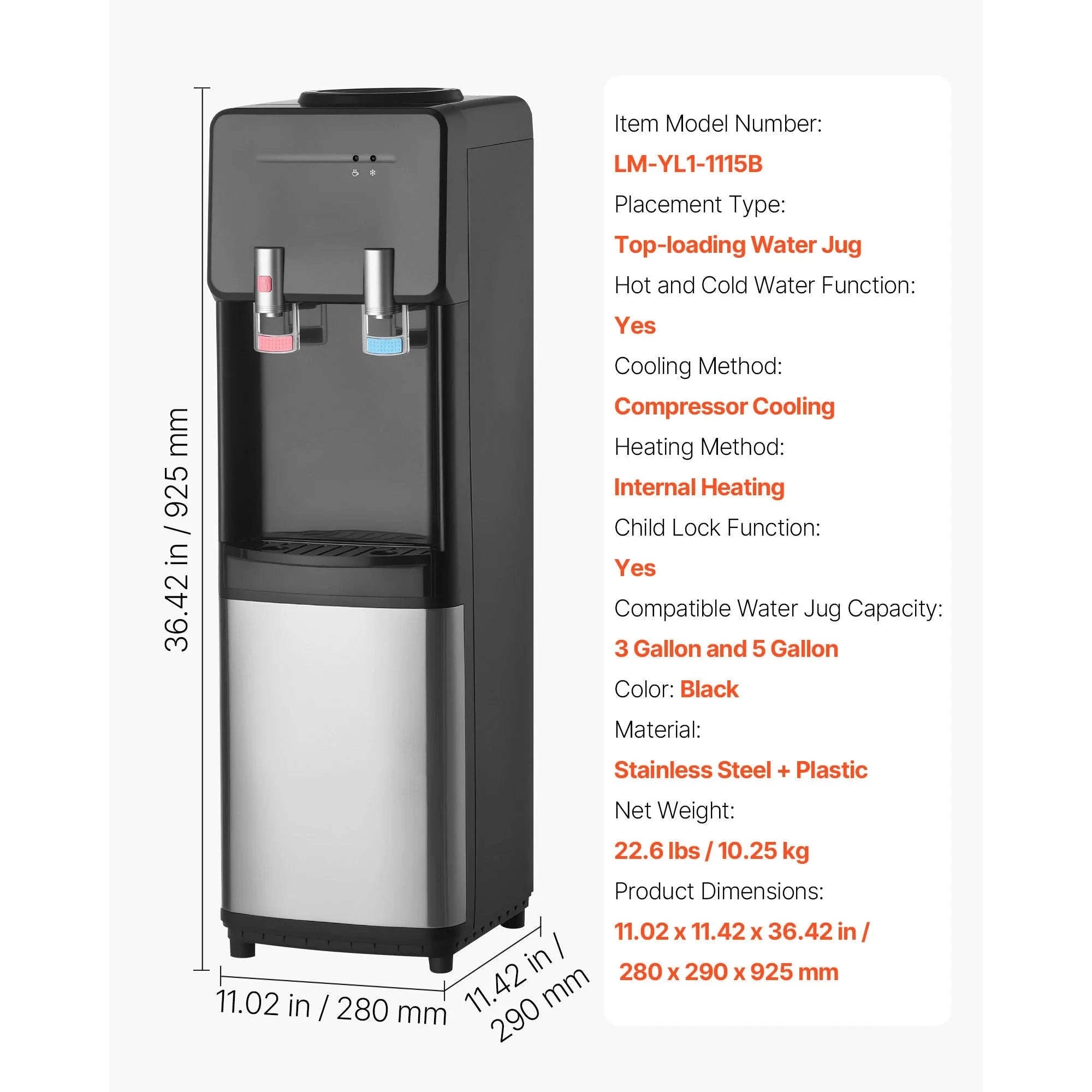 Top Loading Hot and Cold Water Dispenser for 3 or 5 Gallon Bottles-Black / United States