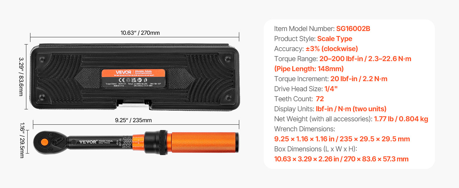 Mechanical Torque Wrench Set 1/4 3/8 1/2 Drive ±3% Precision