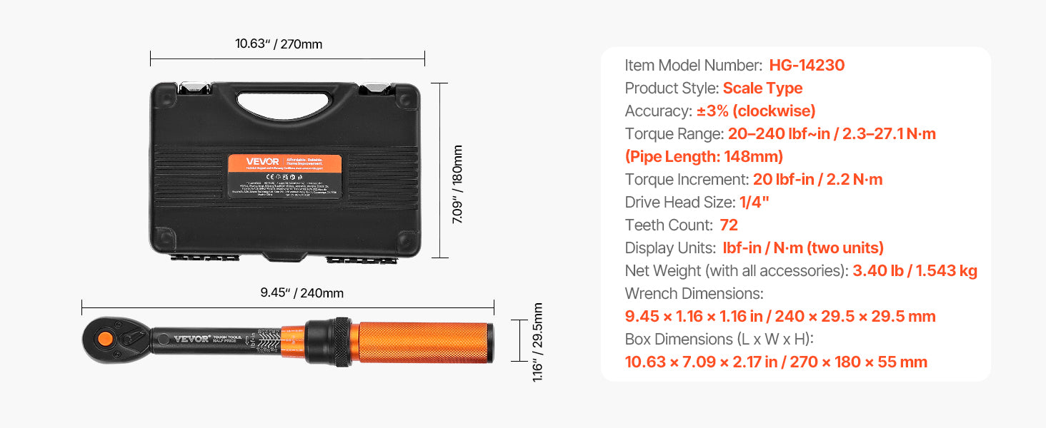 Mechanical Torque Wrench Set 1/4 3/8 1/2 Drive ±3% Precision