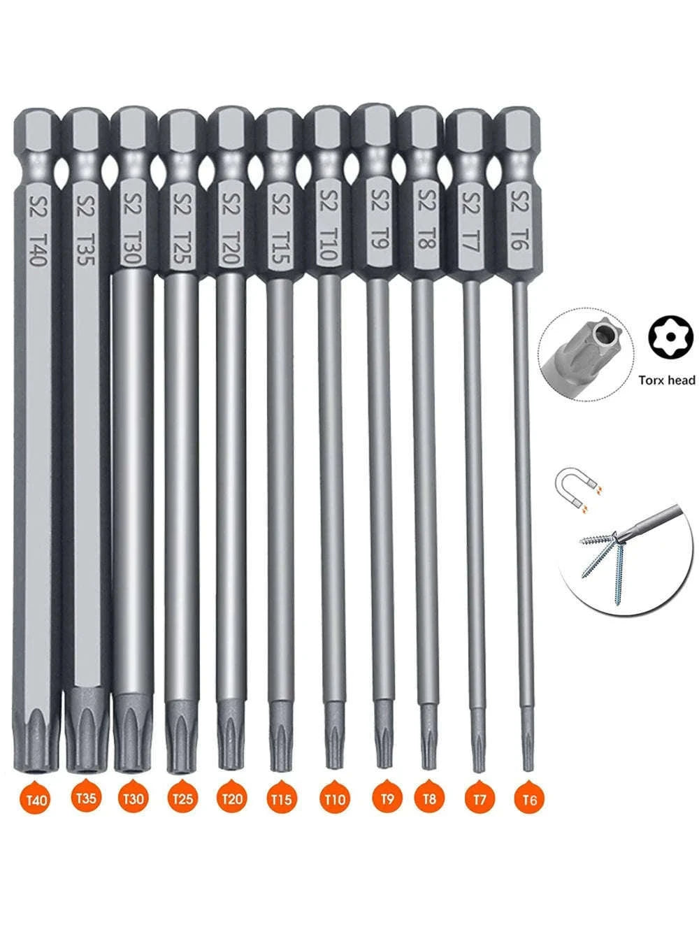 Torx Security Bit Set with 11 Sizes, Magnetic S2 Steel Tips-Length 50mm 12pcs