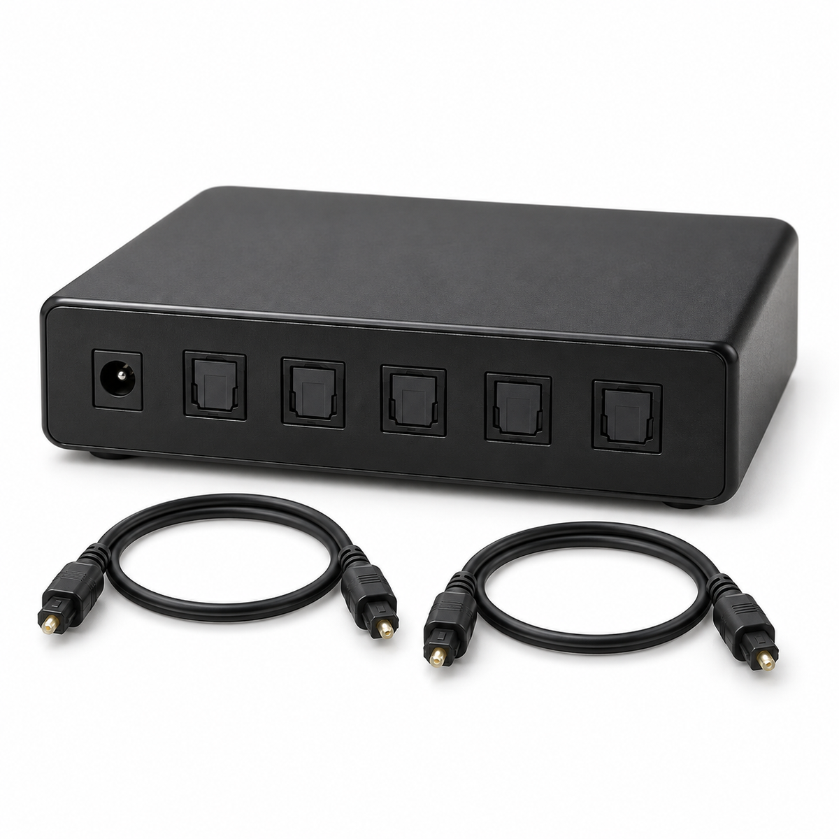 Toslink optical audio switcher with two cables on white background