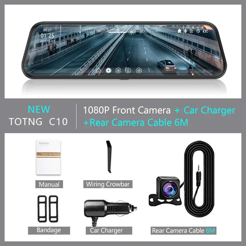 TOTNG C10 10" Touch Screen Dual Lens Dash Cam-With 10M RCC-BL / None