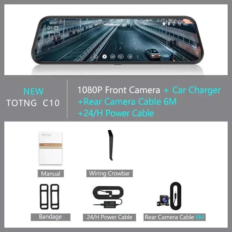 TOTNG C10 10" Touch Screen Dual Lens Dash Cam-With 10M RCC-BL / None