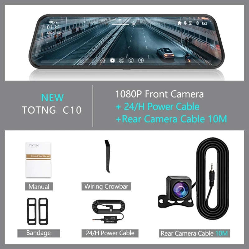 TOTNG C10 10" Touch Screen Dual Lens Dash Cam-With 10M RCC-BL / None