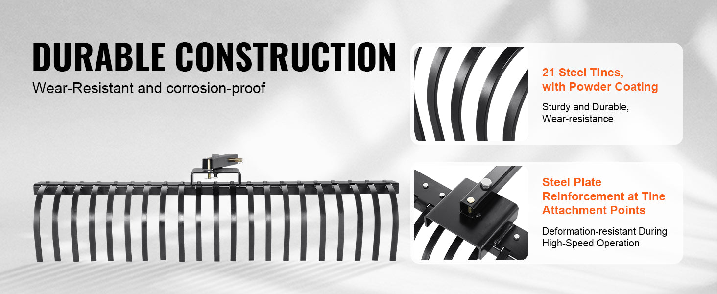 Tow Behind Landscape Rake 60 Inch with 21 Steel Coil Tines