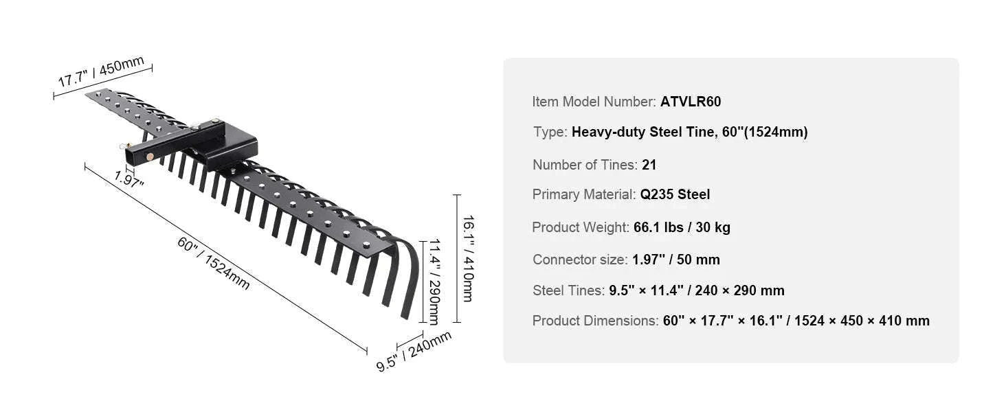 Tow Behind Landscape Rake 60 Inch with 21 Steel Coil Tines-CZECH REPUBLIC