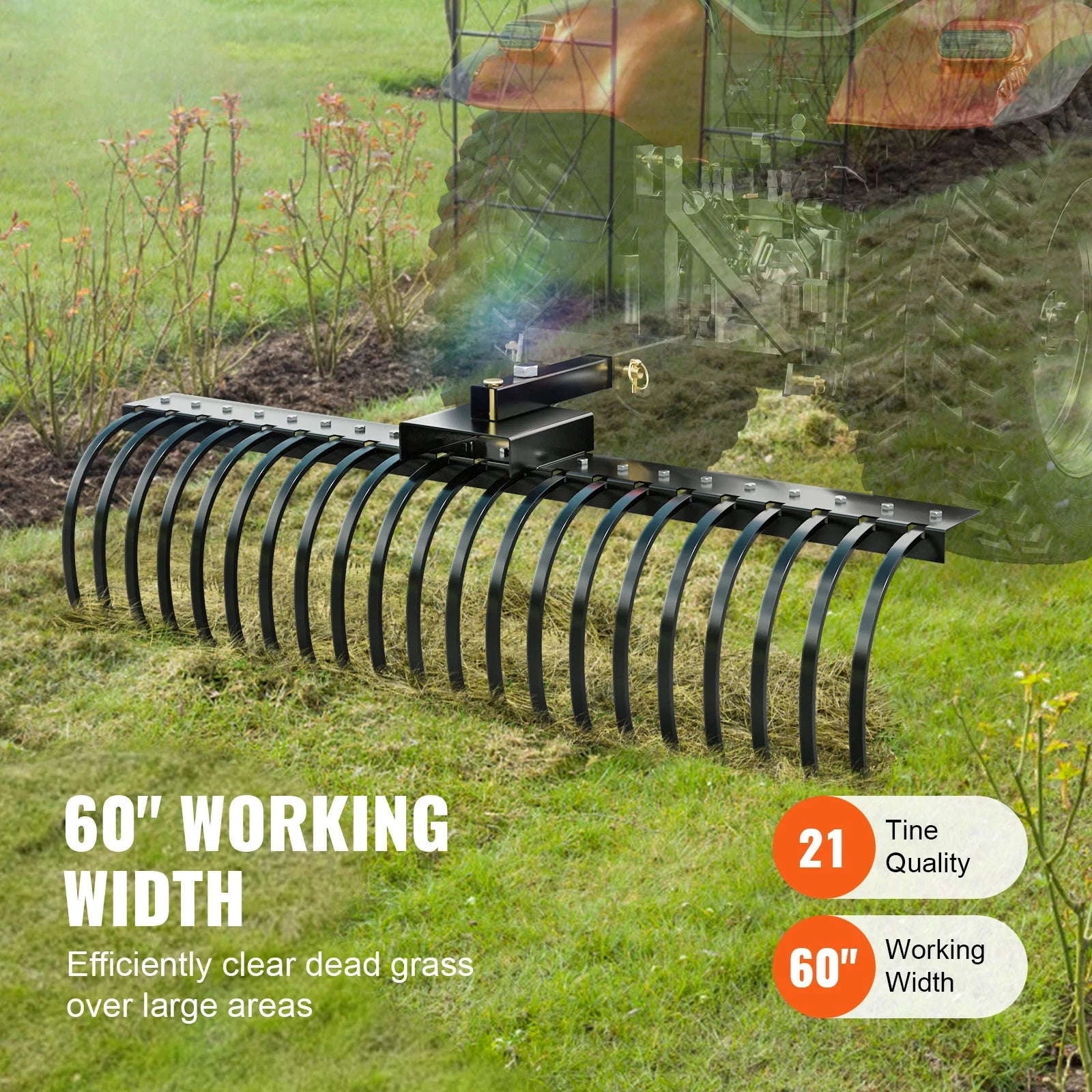 Tow Behind Landscape Rake 60 Inch with 21 Steel Coil Tines-CZECH REPUBLIC