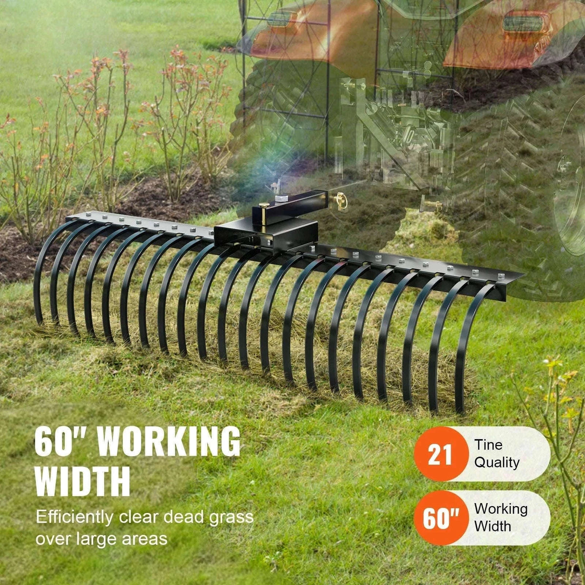 Tow Behind Landscape Rake 60 Inch with 21 Steel Coil Tines-CZECH REPUBLIC