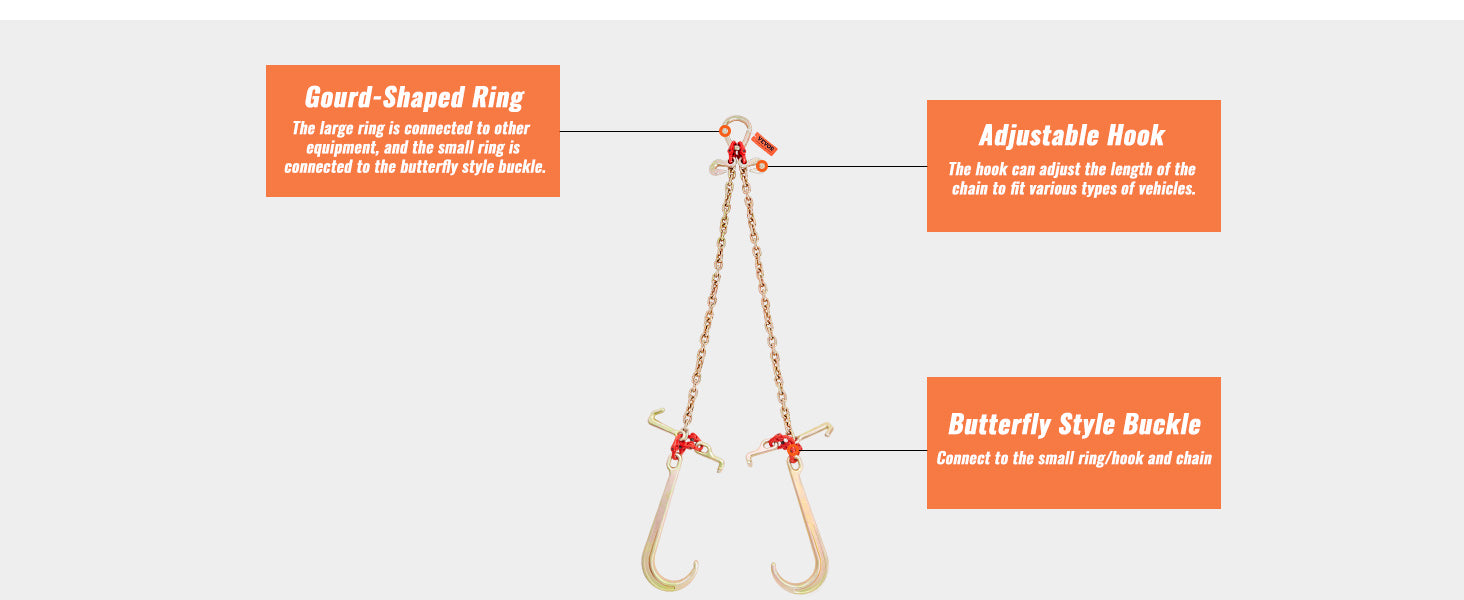 Grade 80 V-Chain Tow Bridle 5/16'' x 3' with Hooks & Shackle