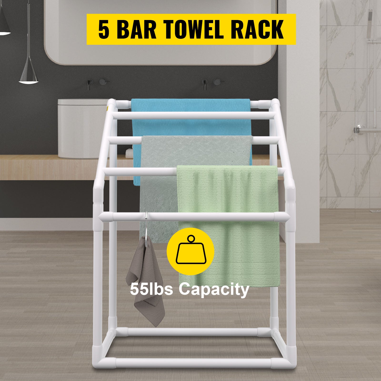 Portasciugamani da esterno per piscina con 5–8 barre, organizer autoportante in PVC