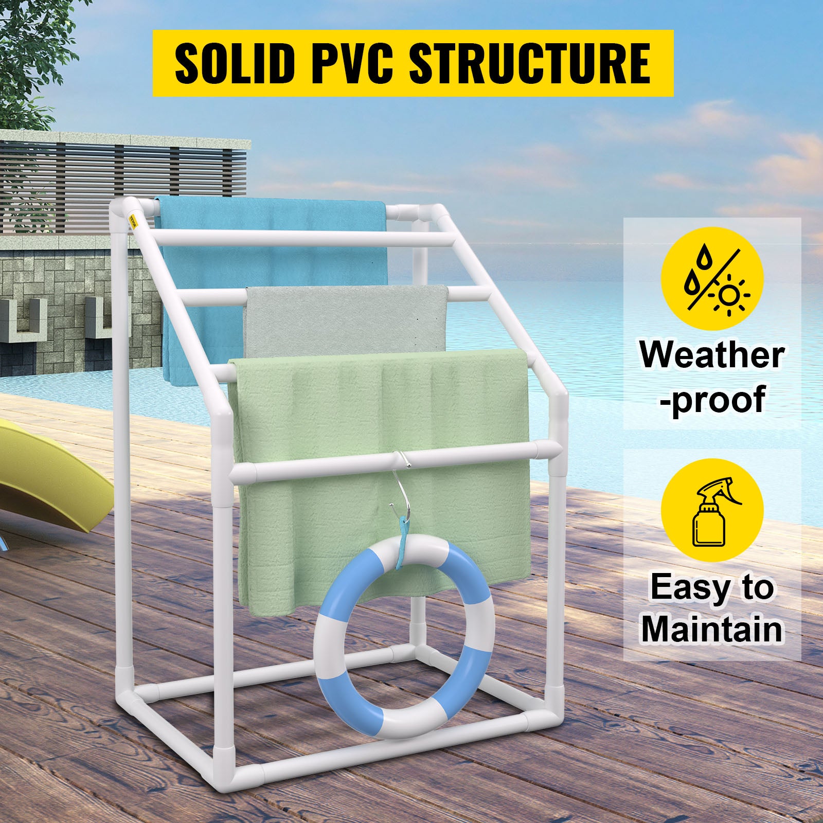 Portasciugamani da esterno per piscina con 5–8 barre, organizer autoportante in PVC