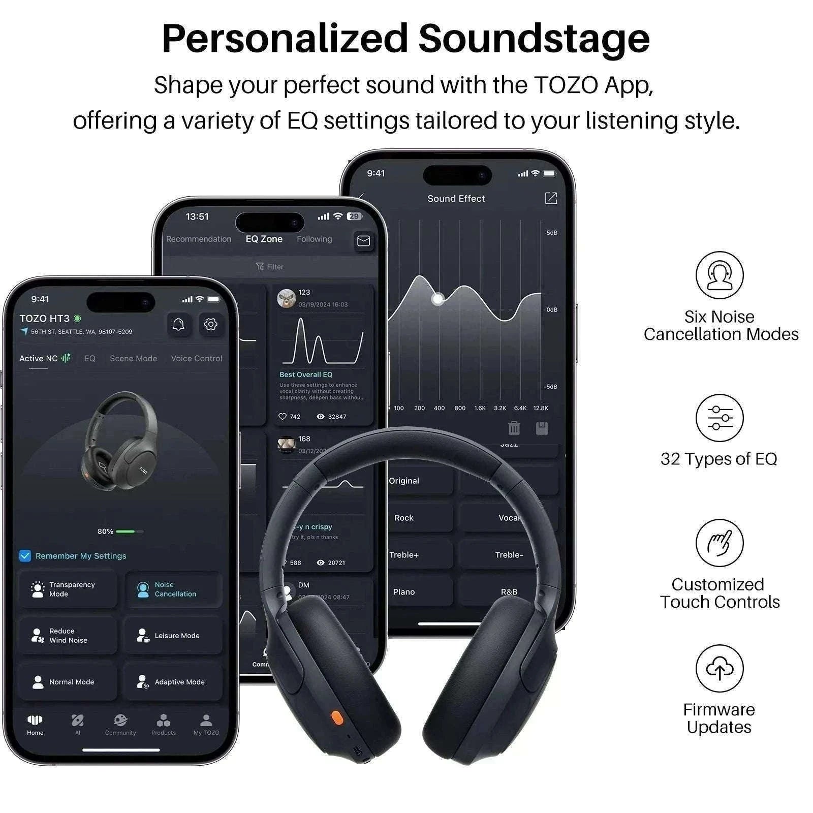 TOZO HT3 Headphones with AI Translation and Bluetooth Audio-black
