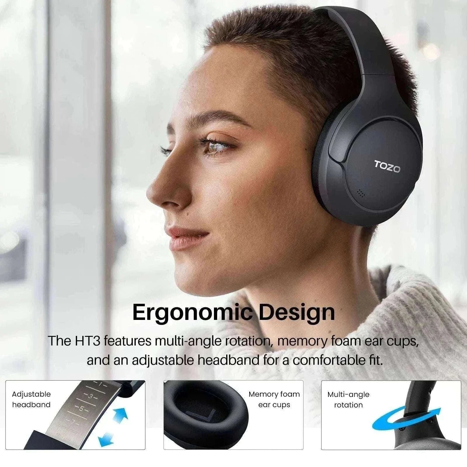 TOZO HT3 Headphones with AI Translation and Bluetooth Audio-black