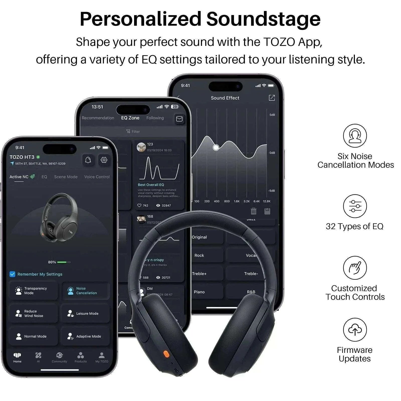 TOZO HT3 Headphones with AI Translation and Bluetooth Audio-black