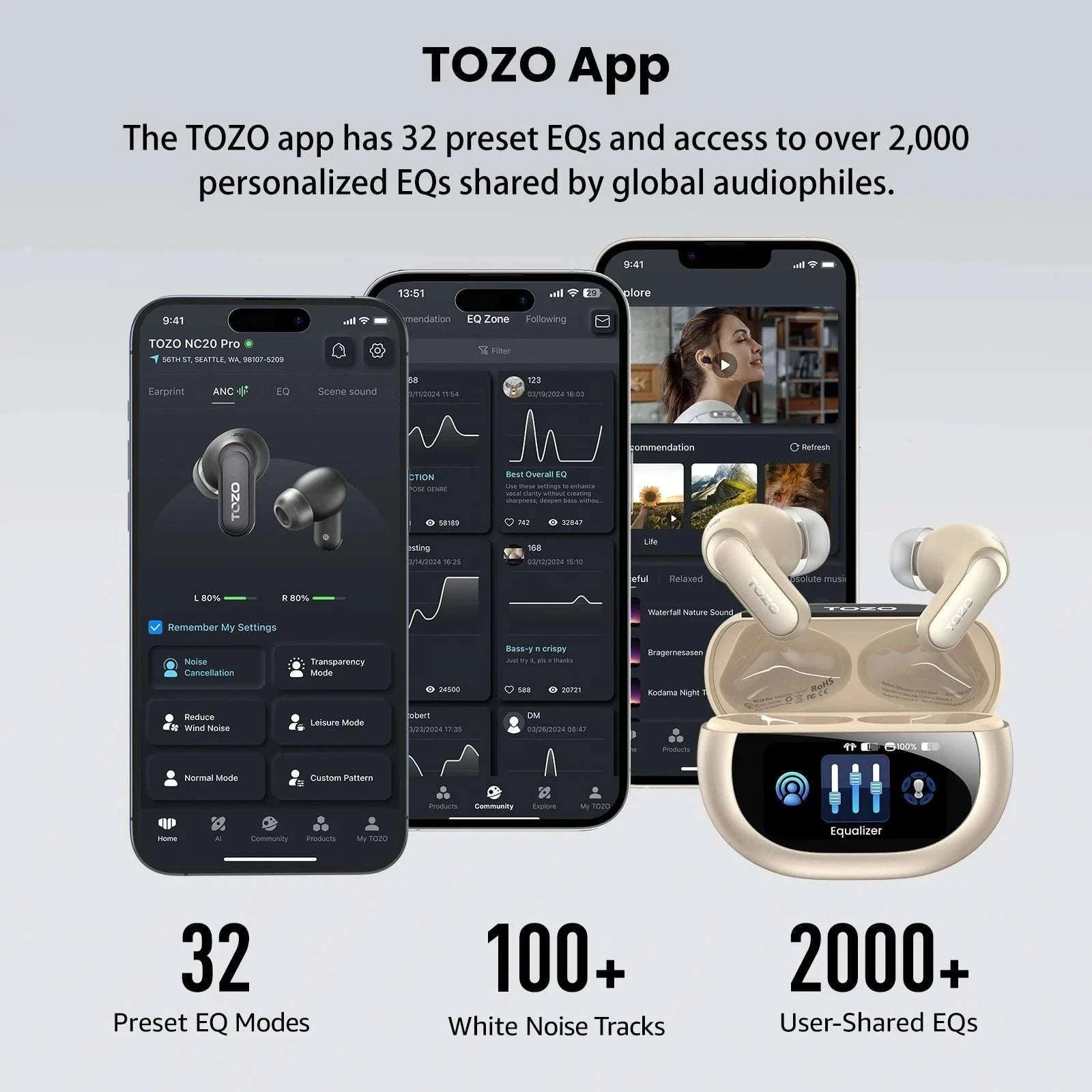 TOZO NC20 Pro Wireless Earbuds with Smart Touch Screen Control-Pink Rose