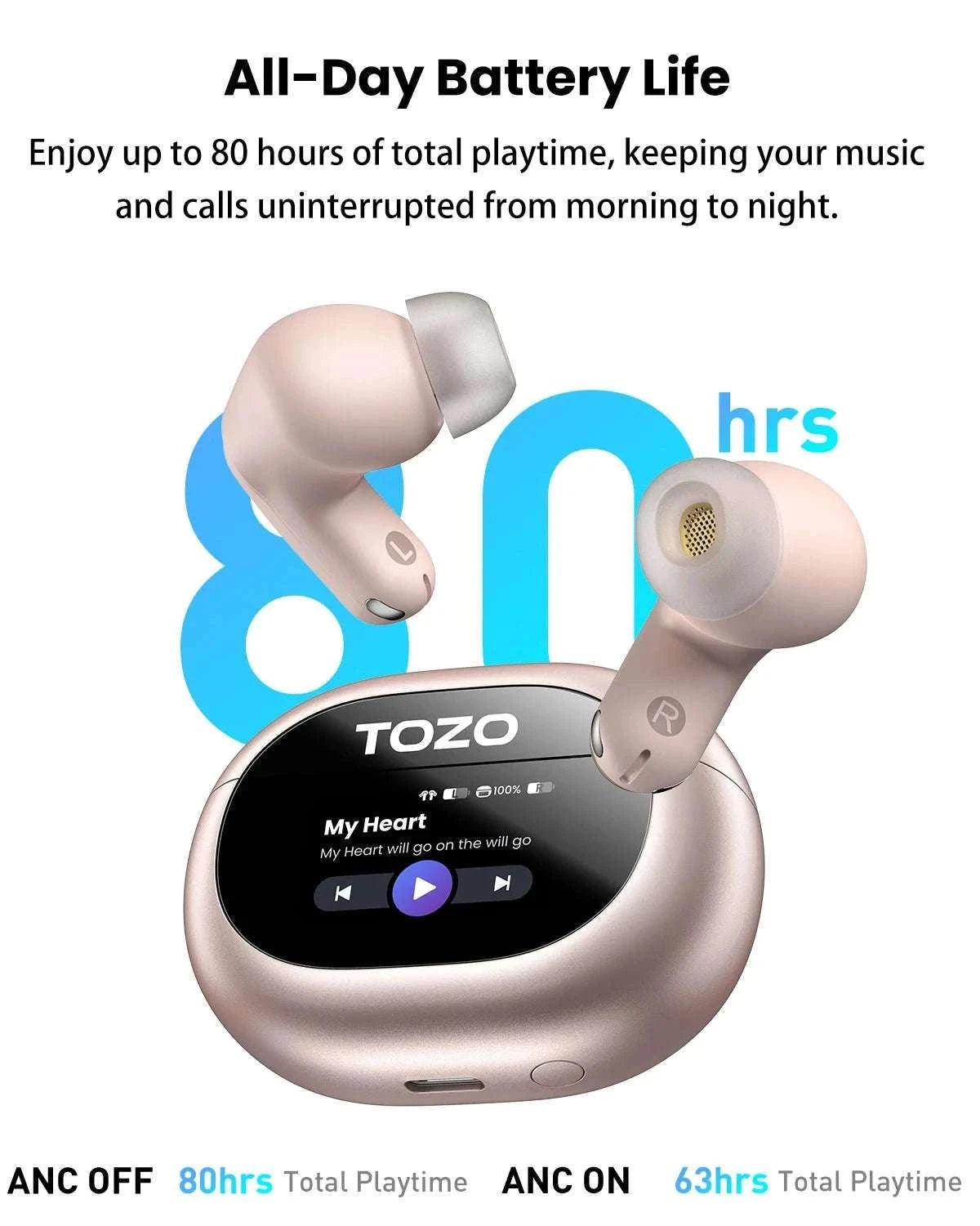 TOZO NC20 Pro Wireless Earbuds with Smart Touch Screen Control-Pink Rose