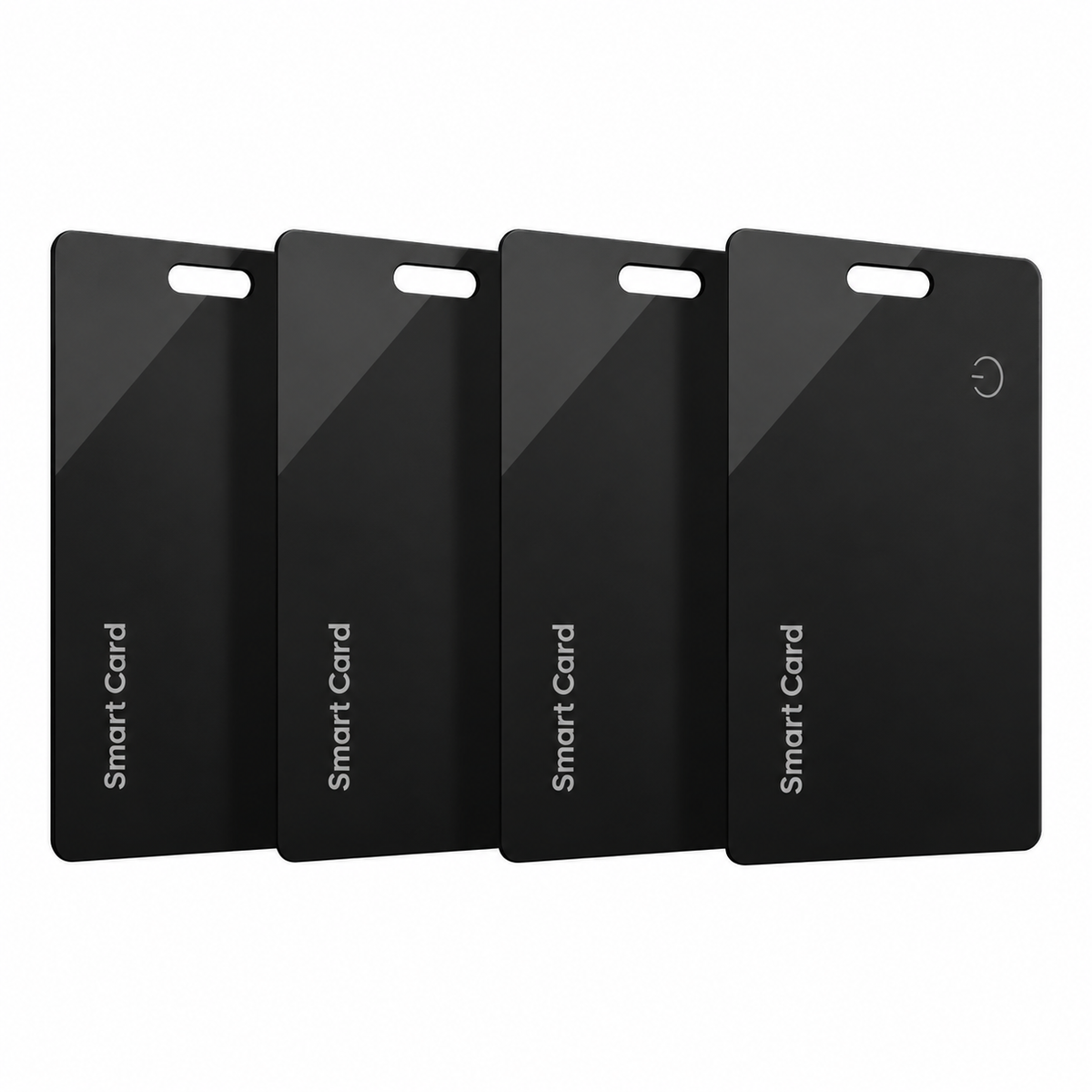 Four black Smart Card wallet trackers on white