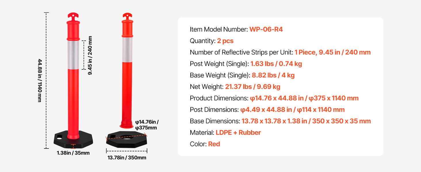 SucceBuy 2/3/4/6/12 Pack Traffic Delineator Posts 34/45 in with Weighted Base Reflective Strips for Construction Site Parking