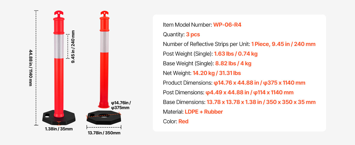 SucceBuy 2/3/4/6/12 Pack Traffic Delineator Posts 34/45 in with Weighted Base Reflective Strips for Construction Site Parking