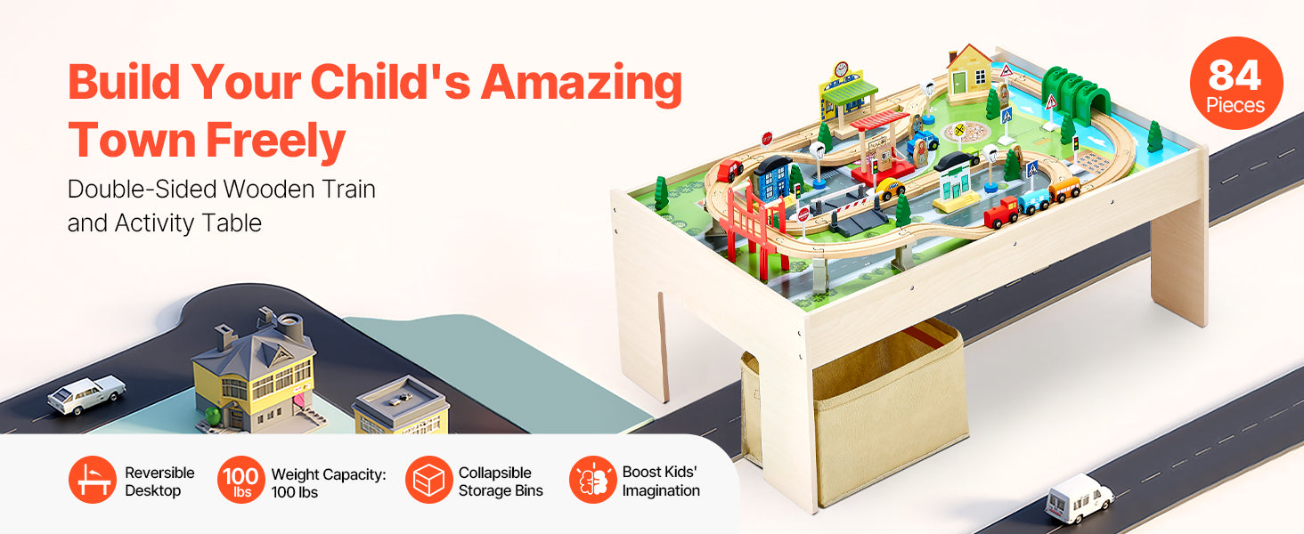 Kids Wooden Train Table Set with Storage & Double-Sided Play Surface