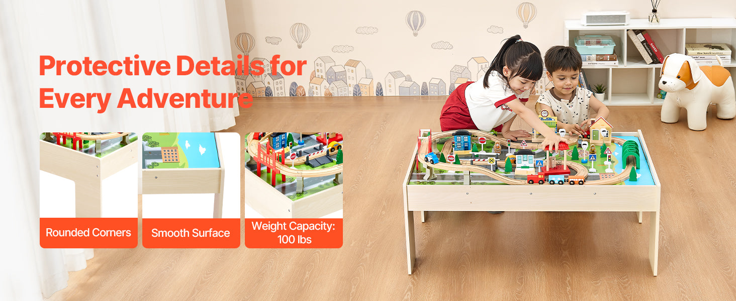 Kids Wooden Train Table Set with Storage & Double-Sided Play Surface