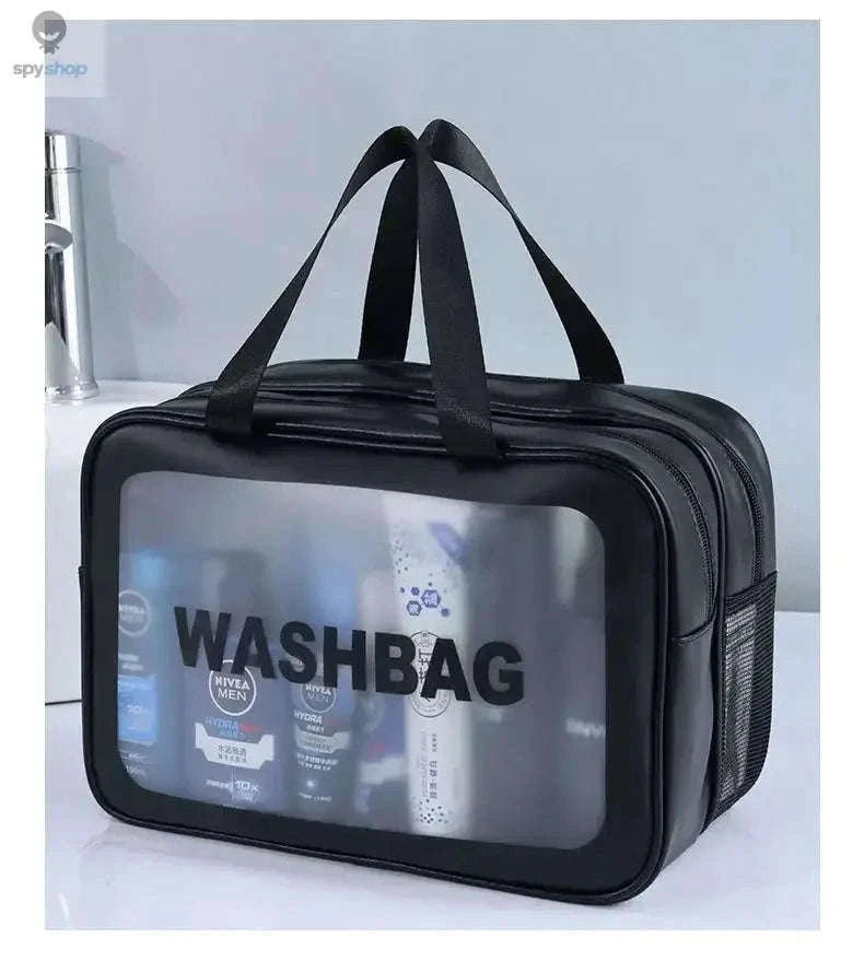 Transparent Dry-Wet PU Makeup Bag with Dual Compartments-Medium pink